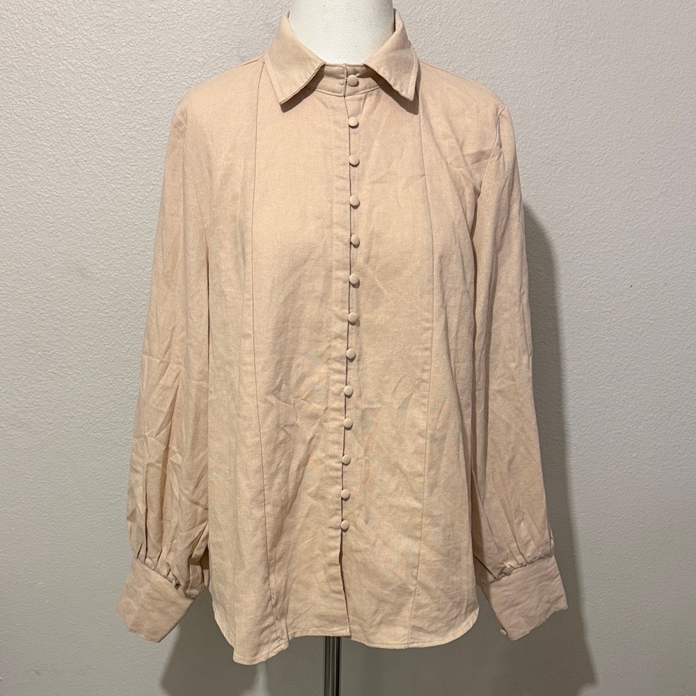 Showpo. Kiva Blouse Long Sleeve Linen Blend Button-Front Shirt Preppy Classic